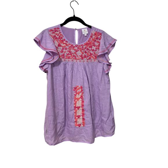 J. Marie NWOT Purple Pink Linen Blend Embroidered Floral Ruffle Top Size Small - Picture 1 of 5